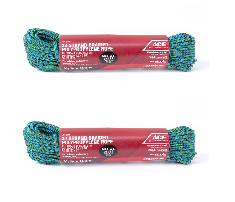 Ace #851151 3/16 in. D X 100 in. L Green Diamond Braided Poly Rope ~ 2-Pack