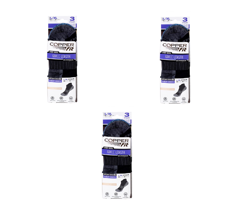 Copper Fit #CFSSBKLXL Unisex Sport L/XL Ankle Socks Black ~ 3-Pack