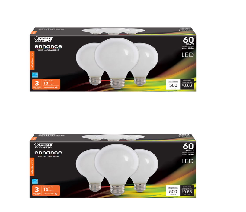 Feit Electric #G2560W927CAFL3R Enhance G25 E26 (Medium) Filament LED Bulb Soft White 60 Watt Equivalence 3 pk ~ 2-Pack