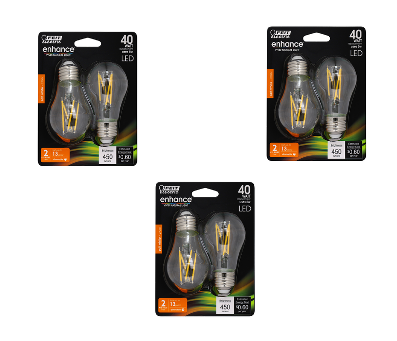 Feit Performance A15 E26 (Medium) LED Bulb Soft White 40 Watt Equivalence 2 pk ~ 3-Pack ~ 6 Total