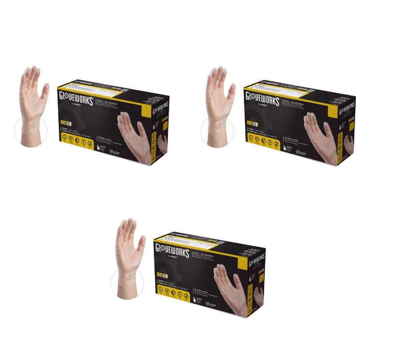 Ammex #IVPF44100 Gloveworks Vinyl Disposable Gloves Medium Clear Powder Free 100 pk ~ 3-Pack