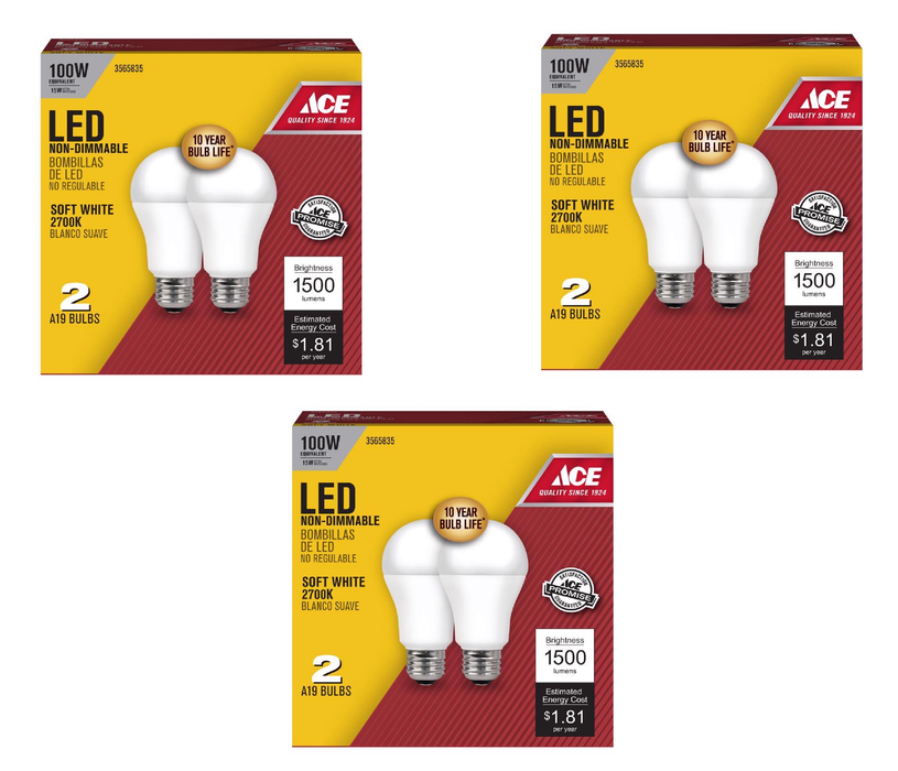 Ace #A160082710KLED2 A19 E26 (Medium) LED Bulb Soft White 100 Watt Equivalence 2 pk ~ 3-Pack ~ 6 Total