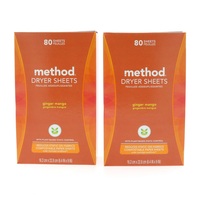 Method #16503 Ginger Mango Scent Dryer Sheets Sheets ~ 2-Pack ~ 160 Sheets Total