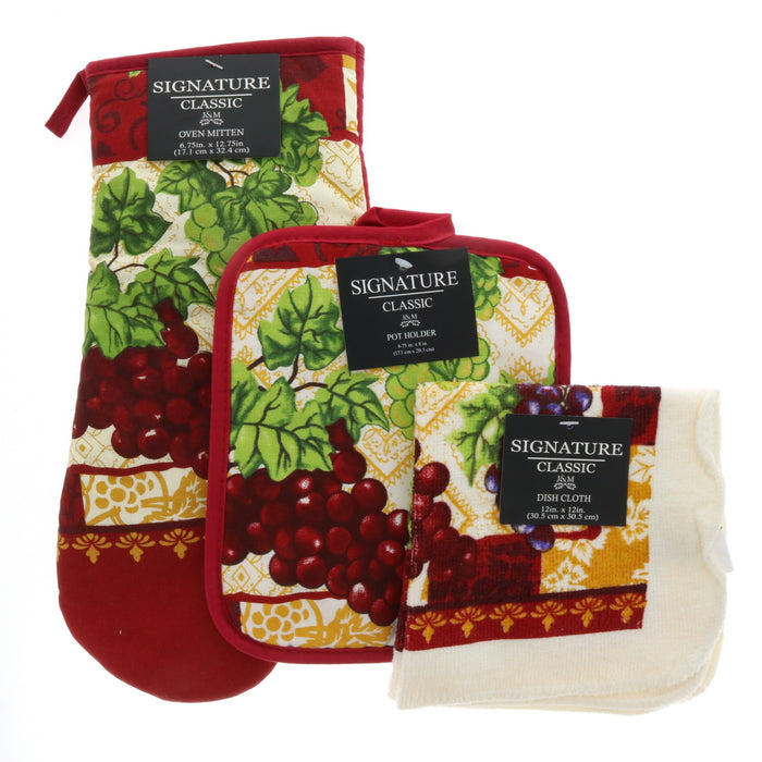 J&M Home Fashions Signature Classic Grapes Oven Mitt Potholder Dish Cloth