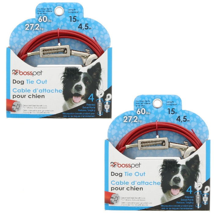 Boss Pet #Q3515-SPG-99 Dog Tie Out 15' Cable Leash 60lb Max ~ 2-Pack