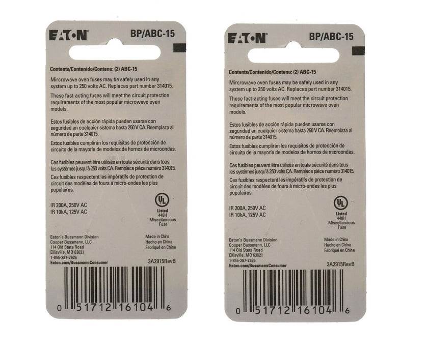 Bussmann #BP/ABC-15 15 amps Fast Acting Microwave Fuse ~ 2-Pack ~ 4 Fuses Total