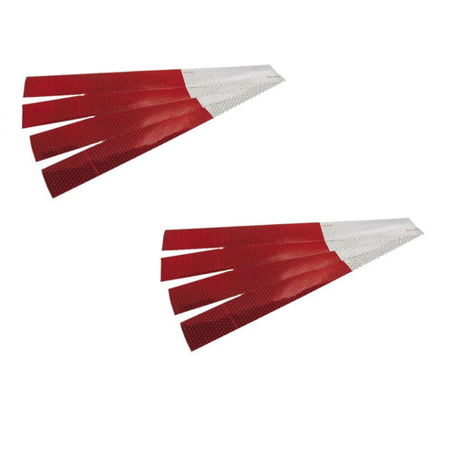 A pair of Peterson #465-4K 2" W X 18" L Red/White Reflective Strip Tape on a white background.
