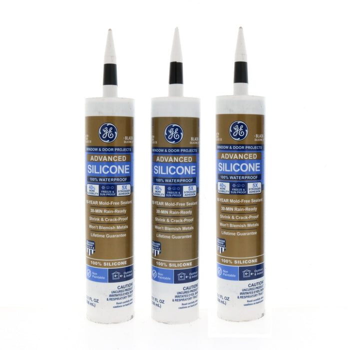 GE #2813670 Advanced Black Silicone 2 Window and Door Caulk Sealant 10.1 oz ~ 3-Pack