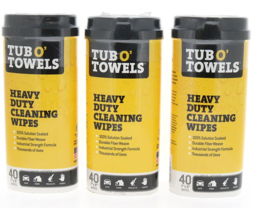 Tub O' Towels 40ct Heavy Duty Cleaning Wipes 7" x 8" ~ 3-Pack ~ 120 Wipes Total
