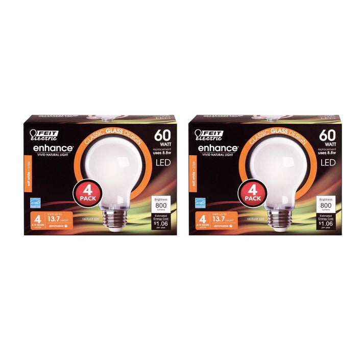 Feit Electric #A1960927CAFIL4 Enhance A19 E26 (Medium) LED Bulb Soft White 60 Watt Equivalence  ~ 2-Pack ~ 8 Total