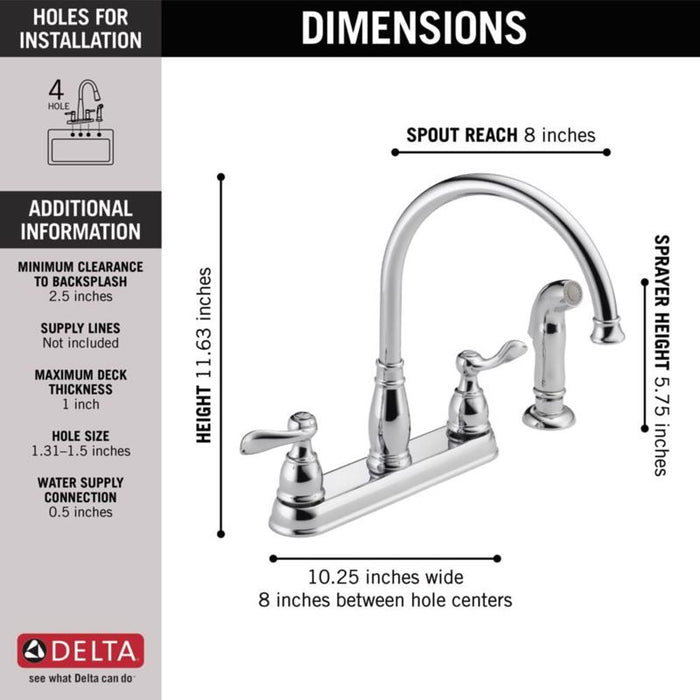 Delta Windemere #21996LF Two Handle Chrome Kitchen Faucet Side Sprayer Included