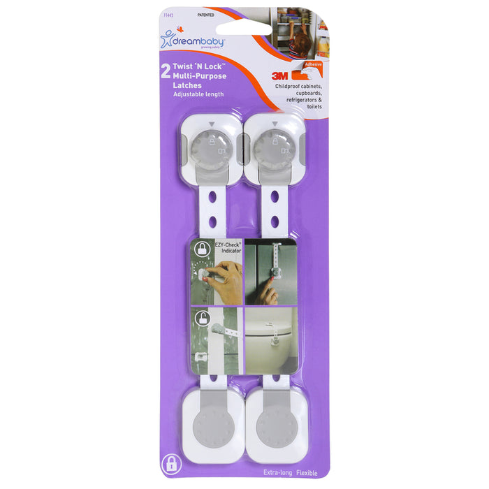 Dreambaby #L1442 Twist 'N Lock Gray/White Plastic Adhesive Multi-Use Latch ~ 2-Pack