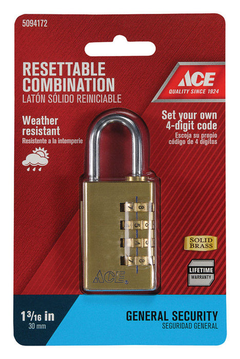 Ace #381-30051 1-7/8 in. High X 1-1/4 in. Wide X 1/2 in. Long Brass 4-Dial Combination Padlock