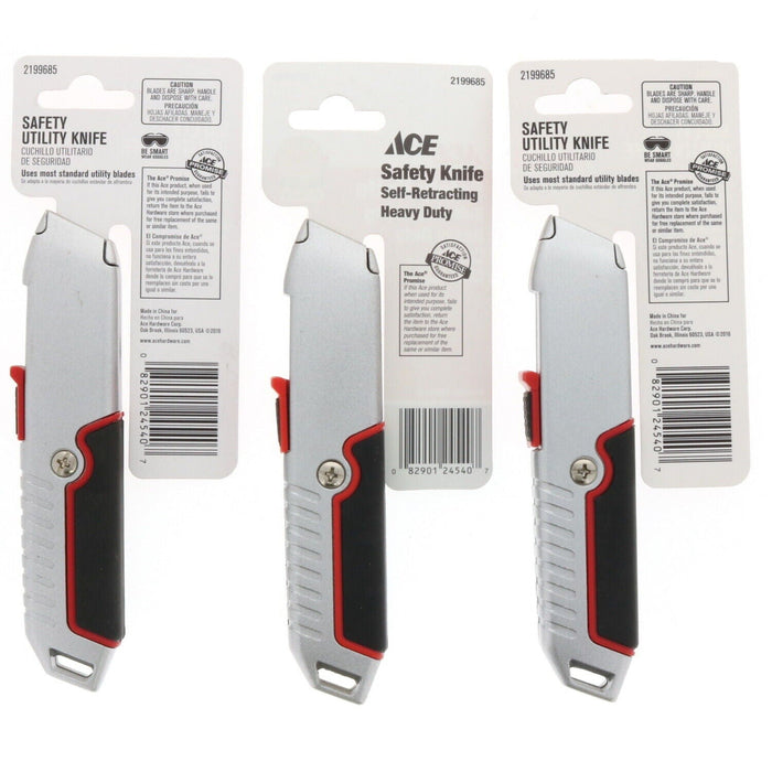 Ace Hardware #2199685 Retractable Safety Utility Knife Sharp Box Cutter ~ 3-Pack