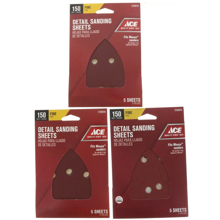 Ace Hardware #2182616 Detail Sanding Sheets Fits Mouse Sander 150 Grit ~ 3-Pack ~ 15 Sheets Total