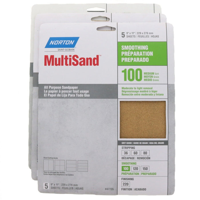 Norton #47735 Multi Sand All Purpose Sandpaper 100 Grit Medium ~ 3-Pack ~ 15 Sheets Total