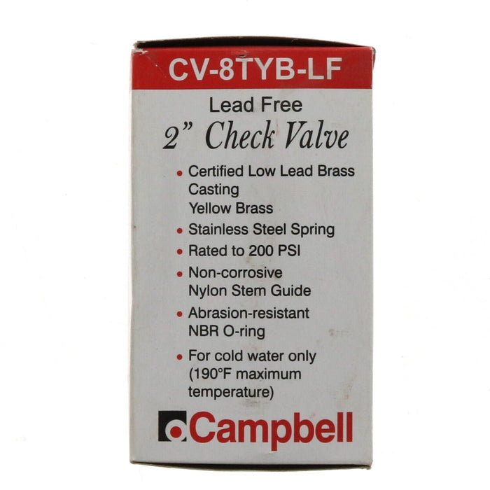 Campbell #CV-8TYB-LF Stainless Steel 2" Spring Check Valve Brass