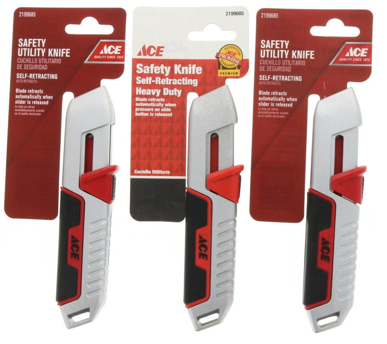 Ace Hardware #2199685 Retractable Safety Utility Knife Sharp Box Cutter ~ 3-Pack