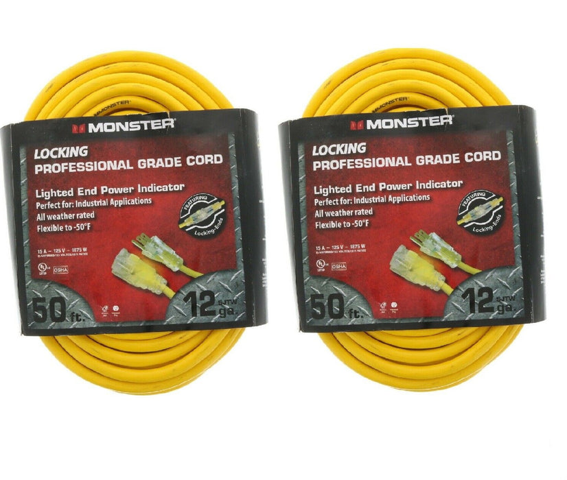 Monster #12/3SJTW Heavy Duty Outdoor 50ft Extension Power Cord ~ 2-Pack