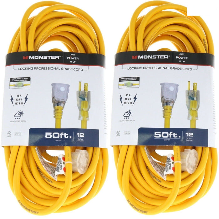 Monster #12/3SJTW Heavy Duty Outdoor 50ft Extension Power Cord ~ 2-Pack