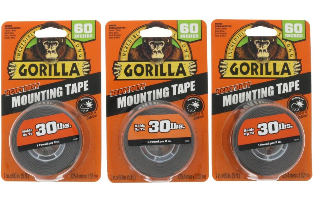 Gorilla #6055002 Heavy Duty Mounting Double-Sided Tape 30lbs 60" ~ 3-Pack