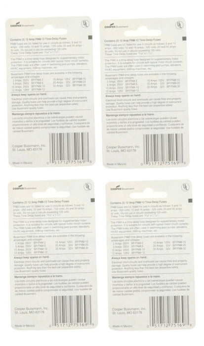 Bussmann #497591 Fuses 12 Amp Time Delay Fuse ~ 4-Pack ~ 8 Fuses Total