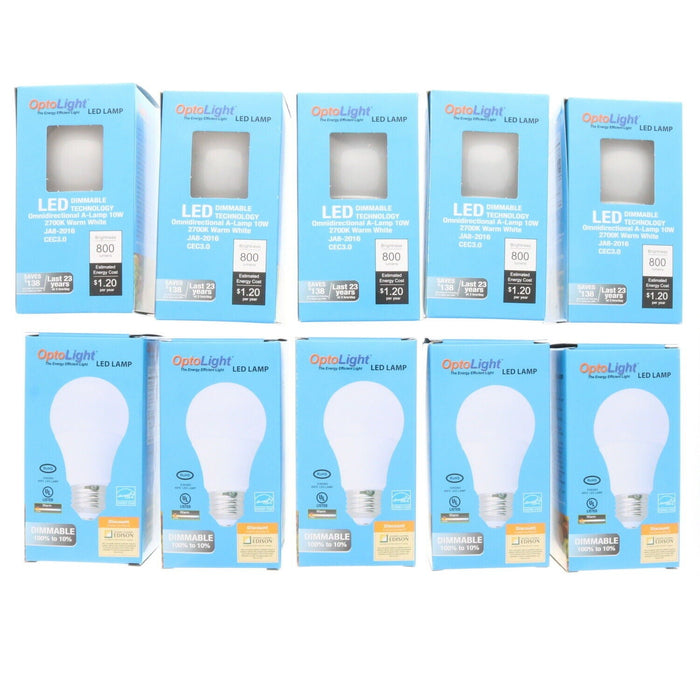 Optolight #OP-A19D5-10W-27 Dimmable Light Bulbs A19 10W 800 Lumens 2700K ~ 10-Pack