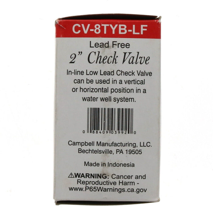 Campbell #CV-8TYB-LF Stainless Steel 2" Spring Check Valve Brass