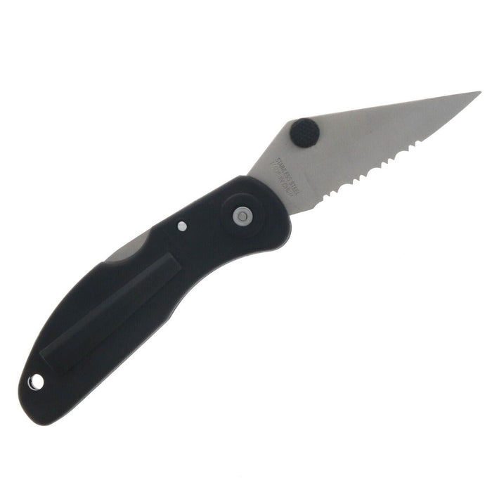 Angler's Choice #F8-FK Folding Knife With Clip 3" Serrated Blade Pocket Knife Black