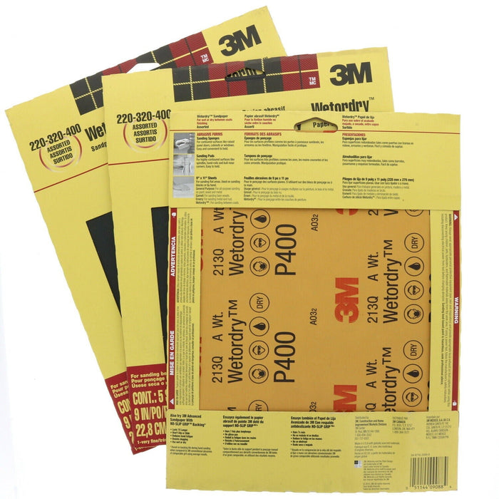 3M #9088DC-NA 220/320/400 Wet Or Dry Sandpaper 9"x11" Assorted ~ 3-Pack ~ 15 Sheets Total