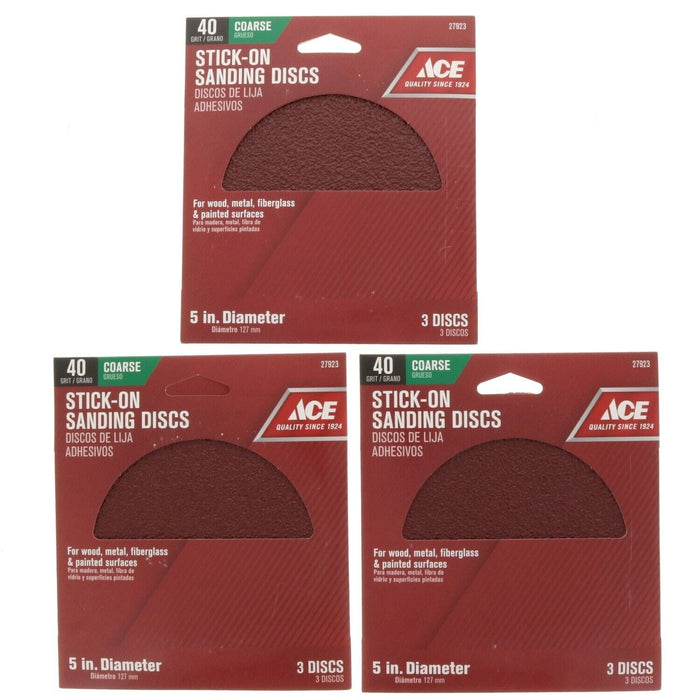 Ace Hardware #27923 Stick On Sanding Discs 40 Grit Coarse ~ 3-Pack ~ 9 Sanding Discs Total