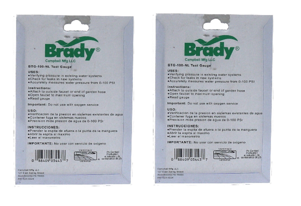 Campbell #BTGIND CS-NL Water Pressure Test Gauge 100 PSI 3/4" Thread ~ 2-Pack