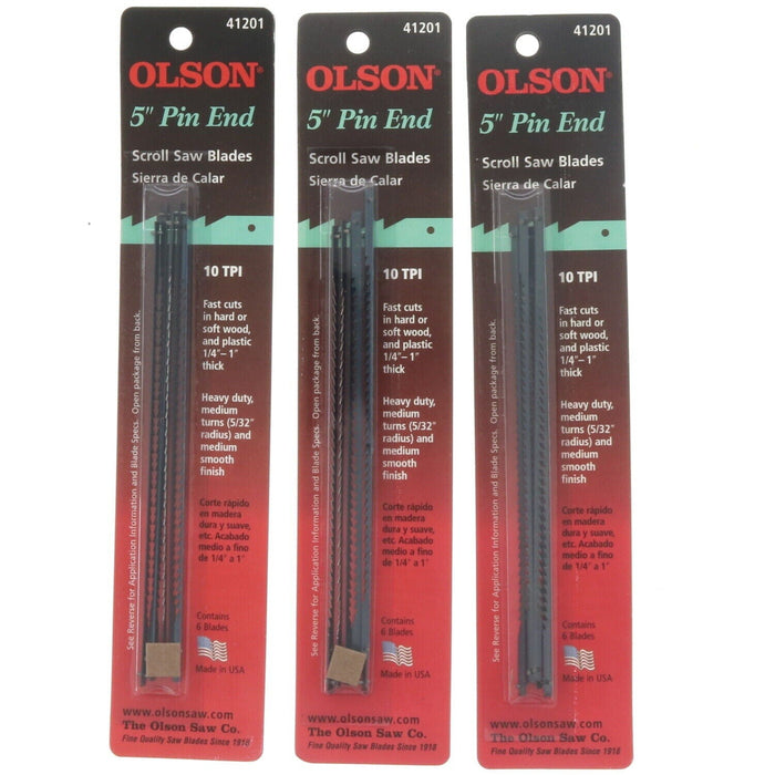 Olson #41201 5" Pin End Carbon Steel Scroll Saw Blade 10 TPI ~ 3-Pack ~ 18 Blades Total