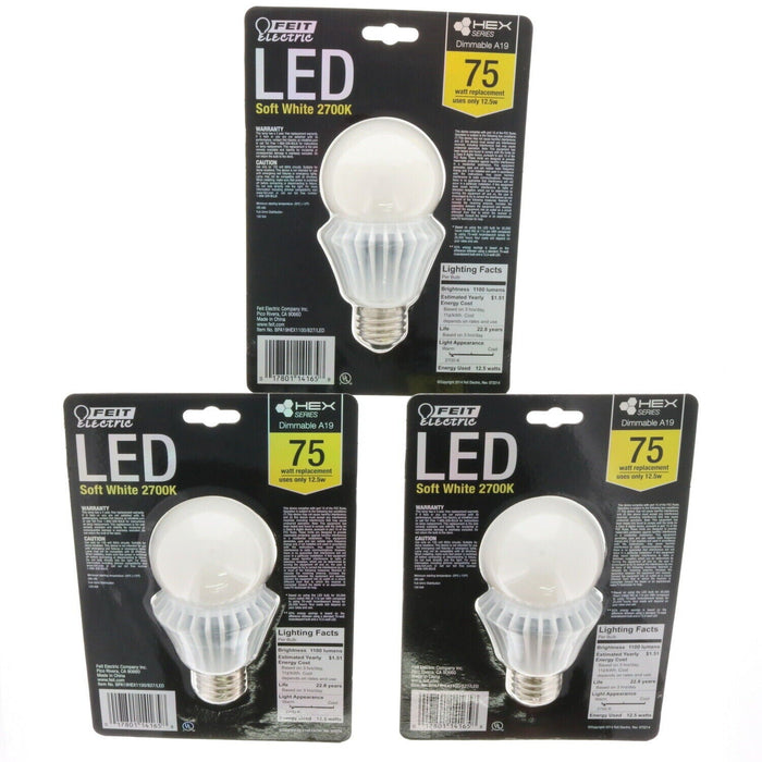 Feit Electric #BPA19HEX1100/827 75 Watt Replacement Light Bulb LED Soft White Dimmable A19 ~ 3-Pack