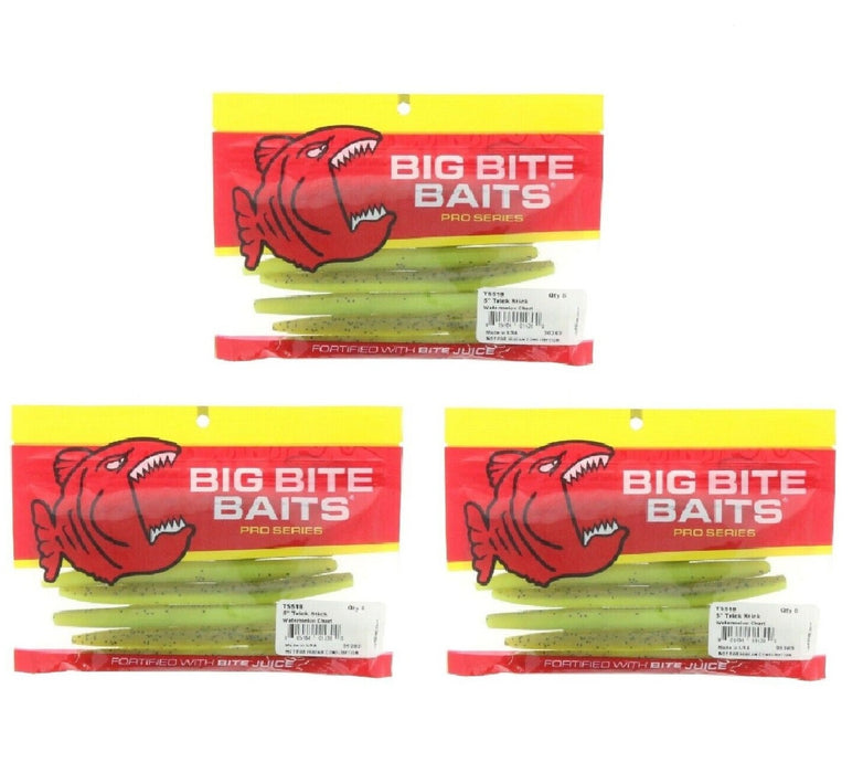 Big Bite Baits #TS518 5" Trick Stick Watermelon Chartreuse Bass Fishing ~ 3-Pack ~24 Worms Total