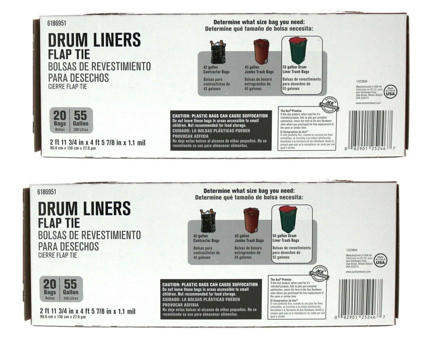 Ace Hardware #1323894 55 Gallon Drum Trash Can Bag Liners ~ 2-Pack ~ 40 Bags Total