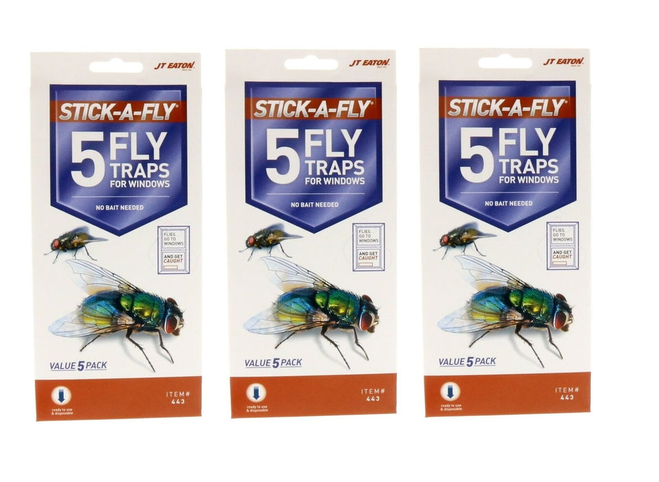 JT Eaton #442 Stick-A-Fly Fly Trap For Windows ~ 3-Pack ~ 15 Fly Traps Total