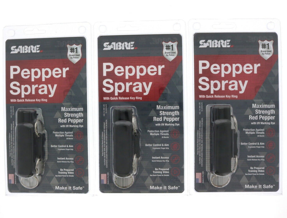 Sabre #HC-14-BK-US Red Pepper Spray UV Dye Self Defense ~ 3-Pack