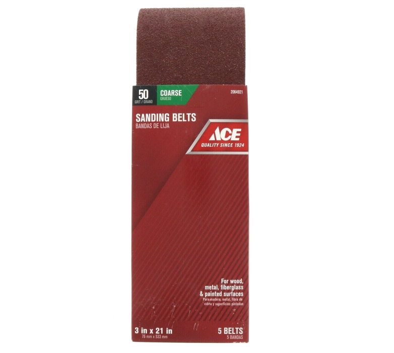 Ace Hardware #2064921 3" x 21" Sanding Sander Belts 50 Grit Coarse 5ct