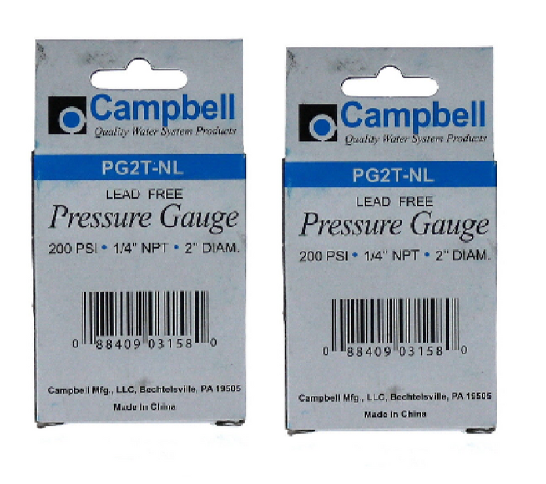 Campbell PG2T-NL Pressure Gauge 1/4" NPT 200 PSI ~ 2-Pack