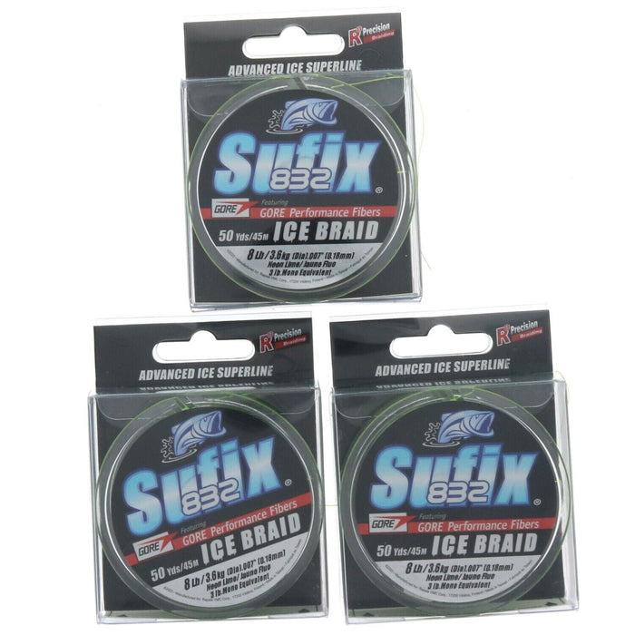 Sufix #671-008L Ice Braid Fishing Line 8 Lb Test 50 Yards Lime ~ 3-Pack