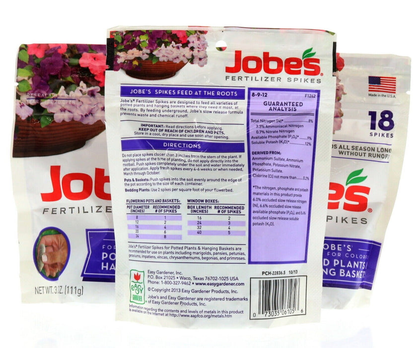 Jobe's #22836.5 Potted Plants & Hanging Basket Fertilizer Spikes ~ 3 Pack ~ 54 Spikes Total