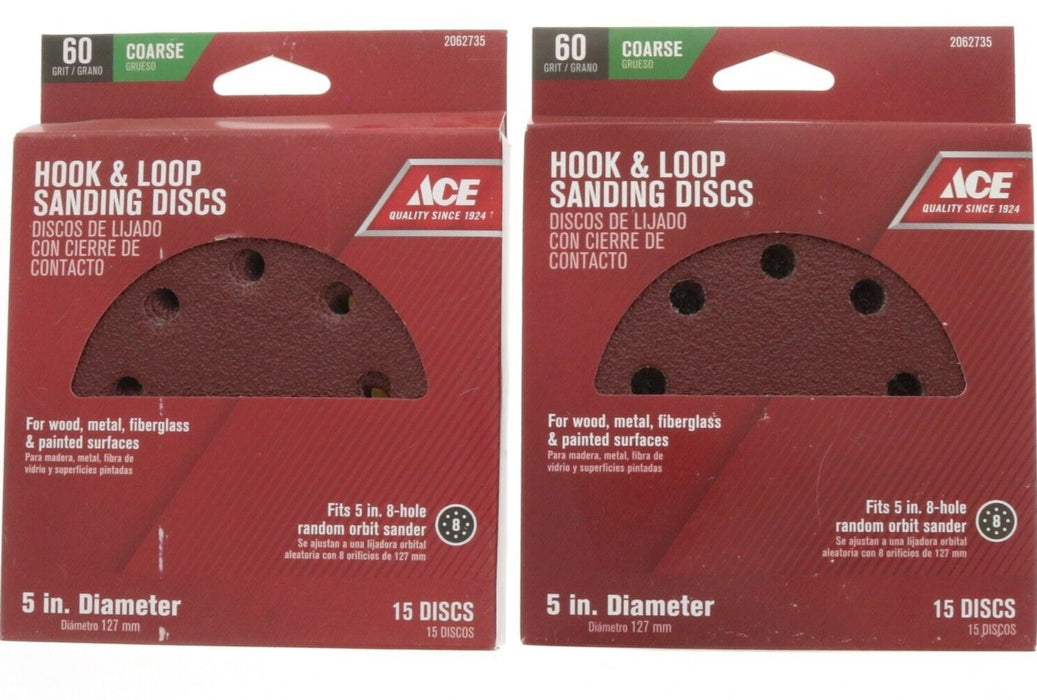 Ace Hardware #2062735 5" 8-Hole Hook & Loop Sanding Discs 60 Grit Coarse 15pc ~ 2-Pack ~ 30 Discs Total