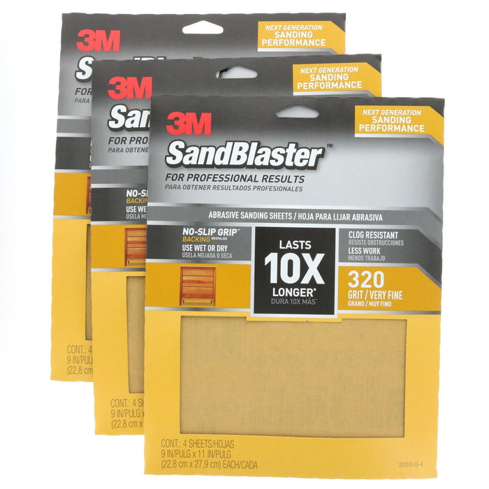 3M #20320-G-4 Sand Blaster Abrasive Sanding Sheets 320 Grit ~ 3-Pack ~ 12 Sheets Total
