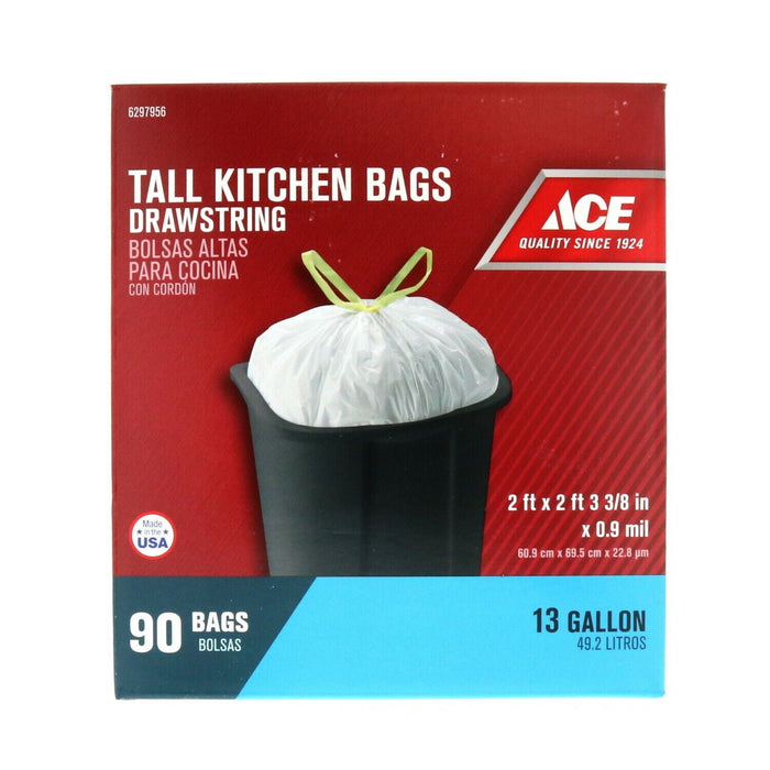 Ace Hardware #1323897 Tall 13 Gallon Drawstring Trash Bags ~ 90ct White