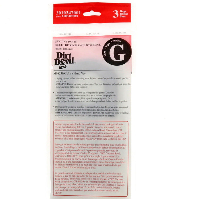 Dirt Devil Genuine Parts Type G Vacuum Cleaner Bags ~ 3-Pack ~ 9 Bags Total