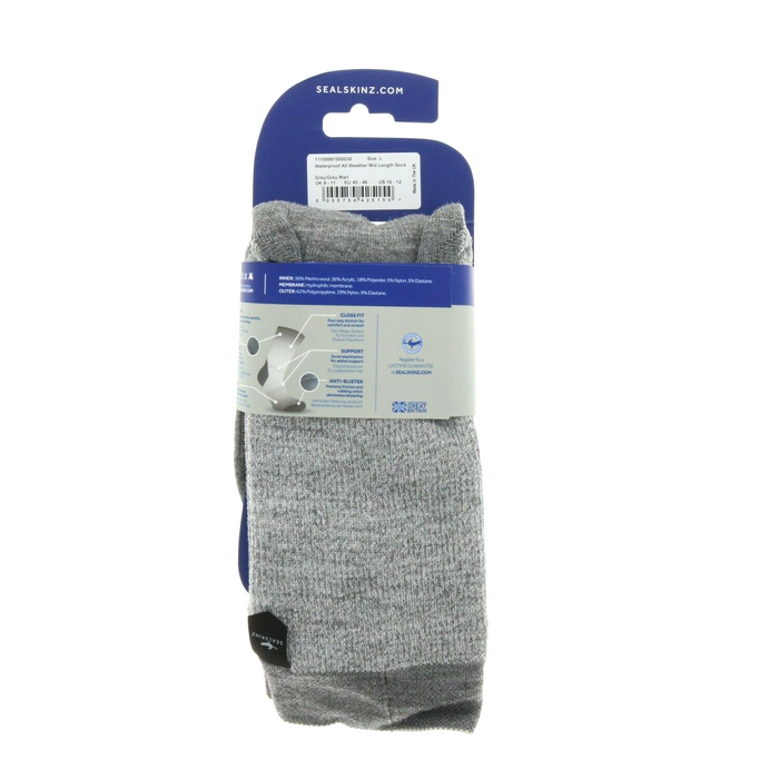 Seal Skinz #11100061000030 Waterproof All Weather Mid Length Sock Gray Large