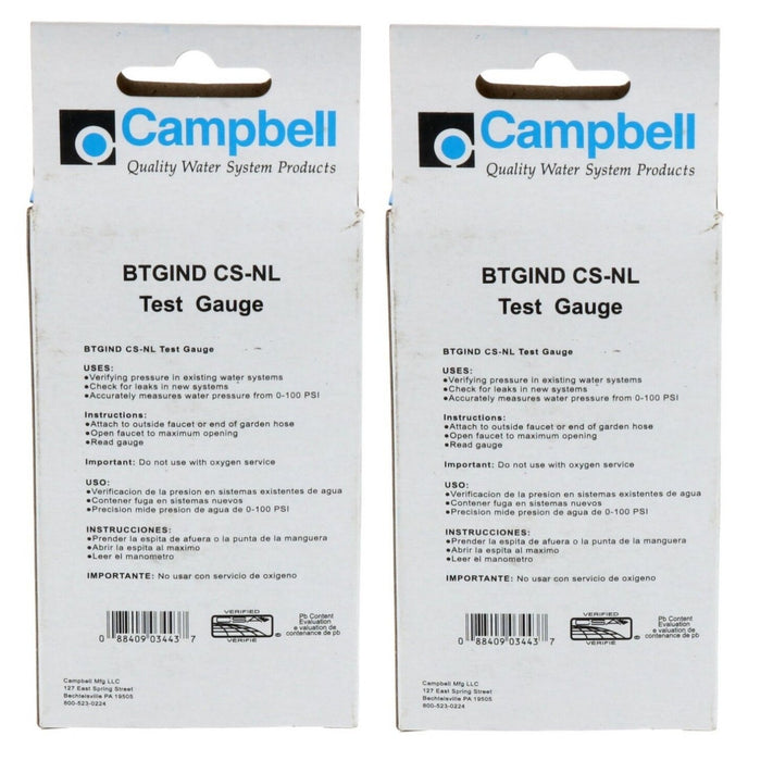 Campbell #BTGIND CS-NL Water Pressure Test Gauge 100 PSI 3/4" Thread ~ 2-Pack