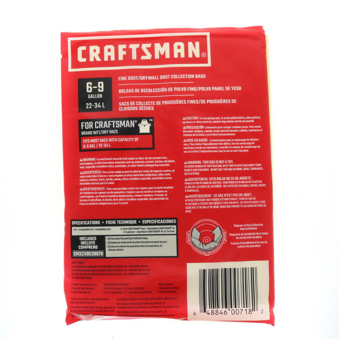 Craftsman #CMXZVBE39970 Fine Dust/Drywall Dust Collection Bags 6-9 Gallon Shop Vac