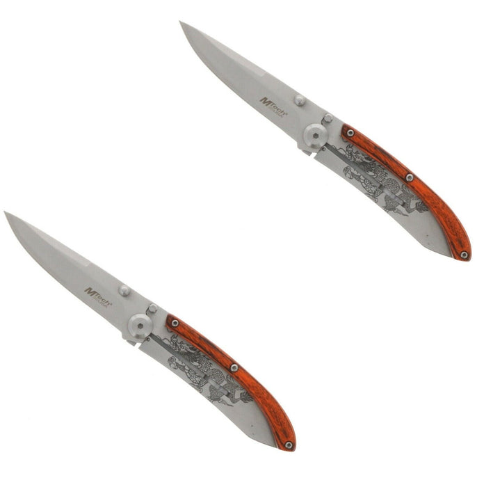 Mtech #MT-1151PDR Folding Drop Point Pocket Knife 3.25" Blade Wood Handle ~ 2-Pack